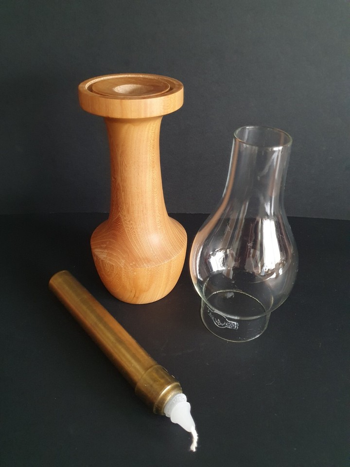 Turned Wood Spring Loaded Candlestick Candle Holder Glass Chimney