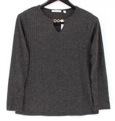 Notations Women s Petite Size PM Charcoal Ribbed Knit Top Long Sleeve Blouse