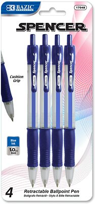 Spencer 4-pack Retractable Ballpoint Pen Cushion Grip Pens Blue Ink 1.0 mm Bold