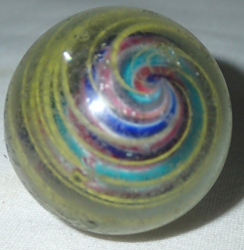 ANTIQUE 1 3/8 " HAND MADE LATTICINO TOY MARBLE MAN BOY GAME CANDY SWIRL GLASS - Picture 15 of 16