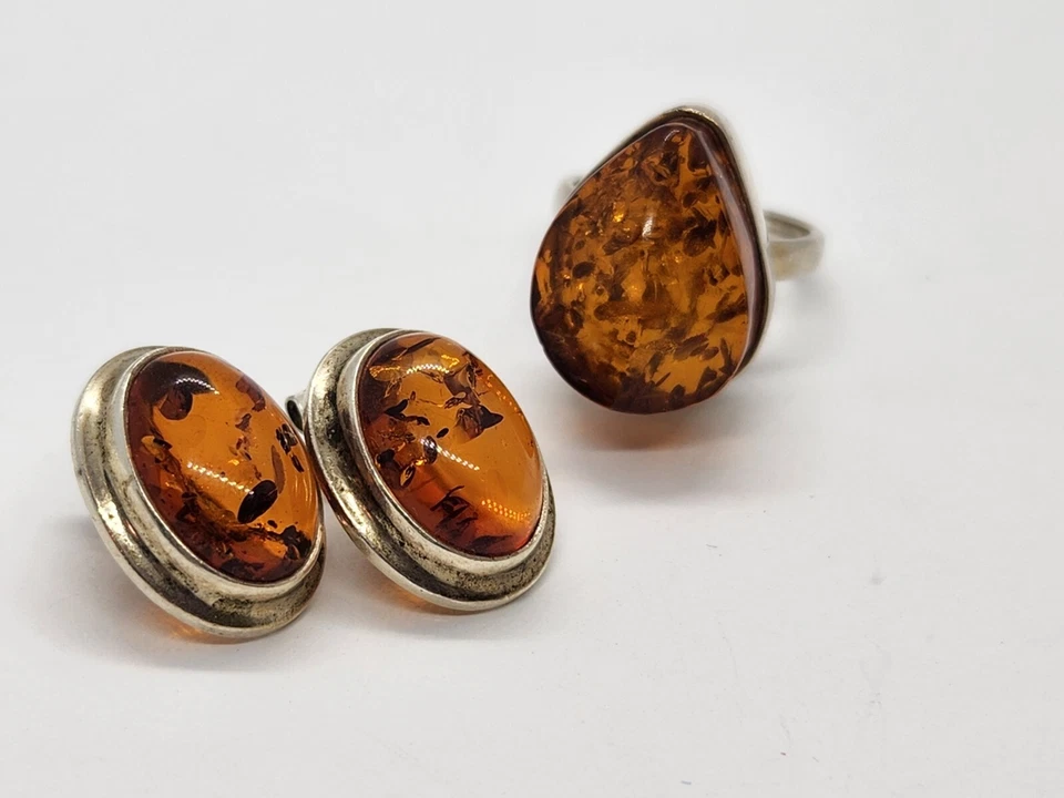 Juego de joyas aretes y anillo ámbar de plata de ley talla 7,5 Foto 2 de 4