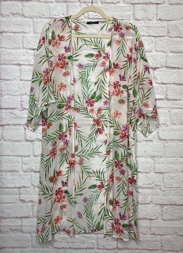 Small/Medium/Large/OS New White Palms Floral Chiffon Kimono Duster Cardigan - Picture 2 of 11