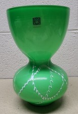 BX Glass Murano Style Art Glass 10" Green Vase With A Raised White Line Pattern