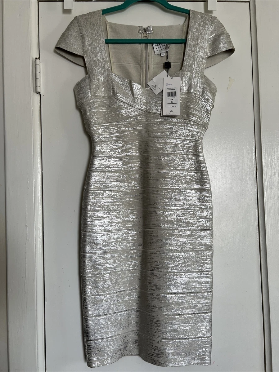 HERVE LEGER Metallic Gray Silver Foil Knit Crisscross Bodycon Bandage Dress  Sz M