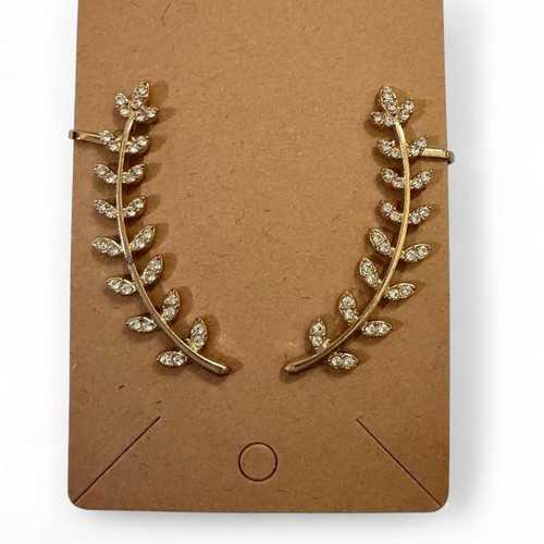 Gold Leaf Ear Crawler Earrings Rhinestone Vine Climbers Clear Crystal