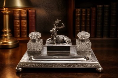 Antique silver-plated inkstand with stag figure and cut-glass inkwells 9  Long