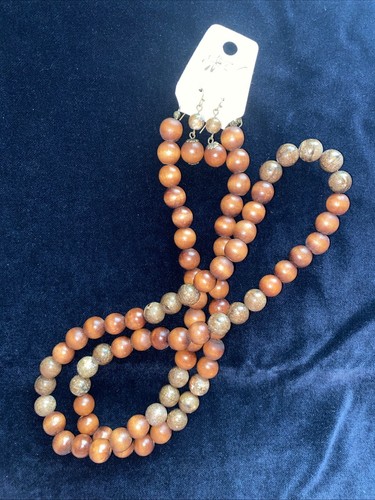NOS Set Collana e Orecchini Lunghi Marrone Legno e Pietra Naturale Perline 38 Pollici Boho - Foto 7 di 8