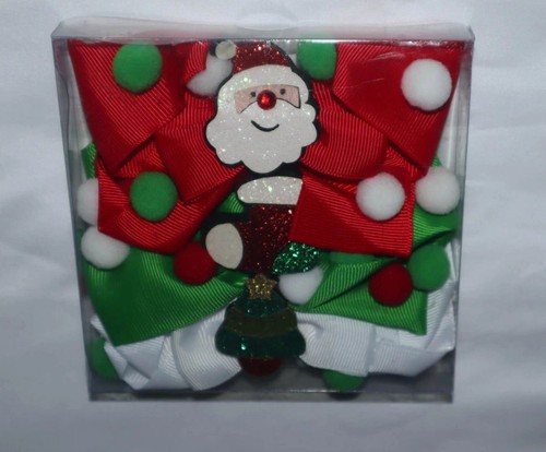 Girls Christmas Hair Bows Red Green White Glitter Tree Santa Boots Hair Clips - Picture 2 of 9