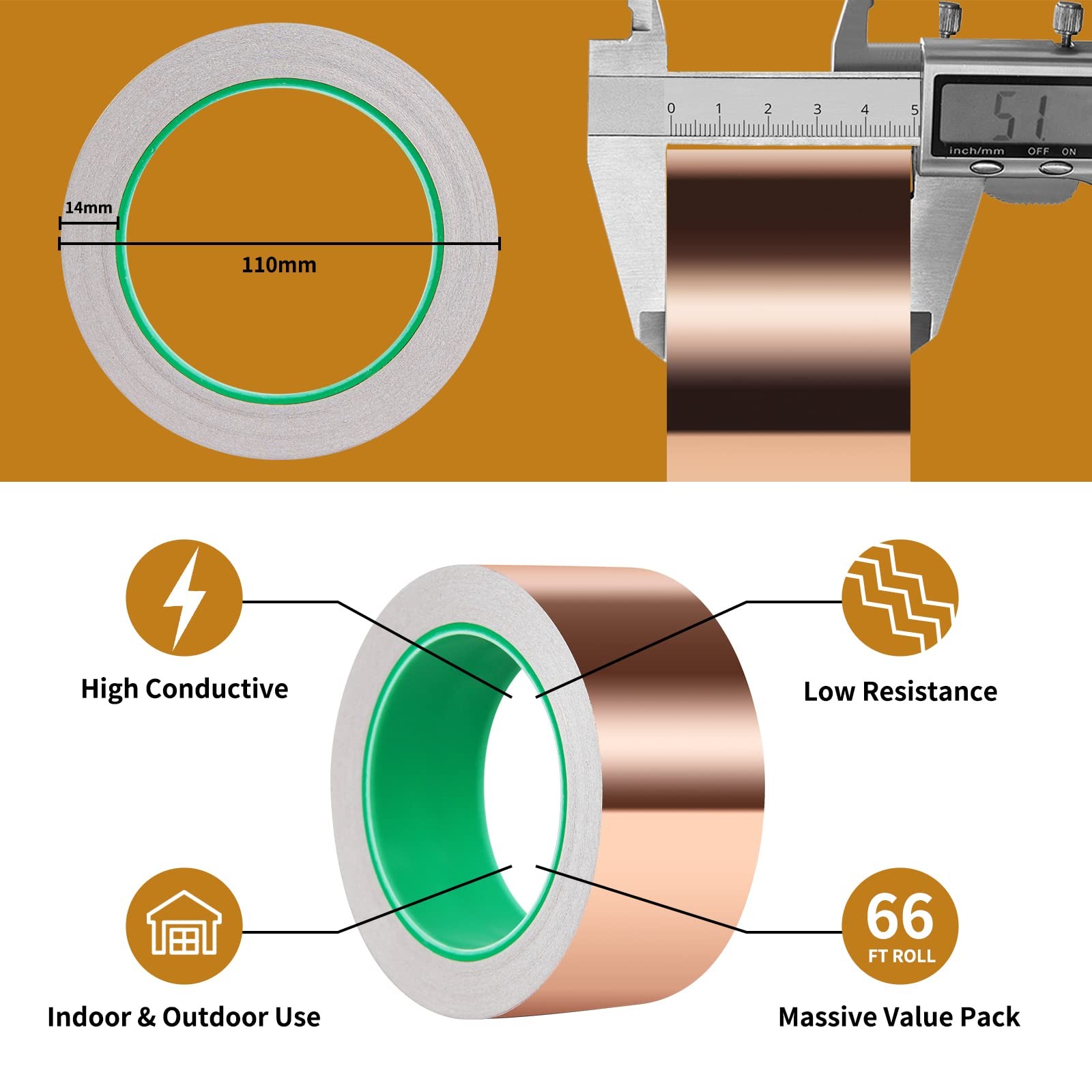 Vaincre Copper Tape (2inch X 66 FT), Copper Foil Tape with Conductive Adhesive