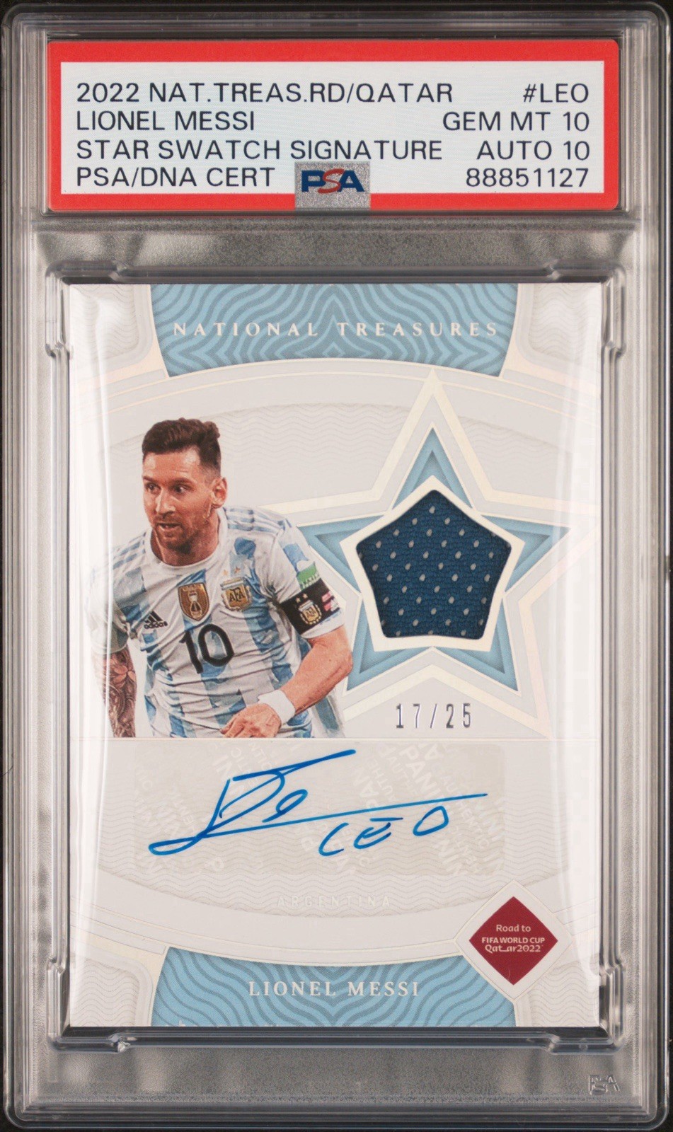 2022 National Treasures FIFA WC Star Lionel Messi PATCH AUTO /25 PSA 10 view 1