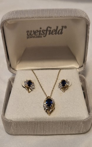 Vintage Gold Sapphire and Diamond Pendant Necklace & Earrings Set Original Box