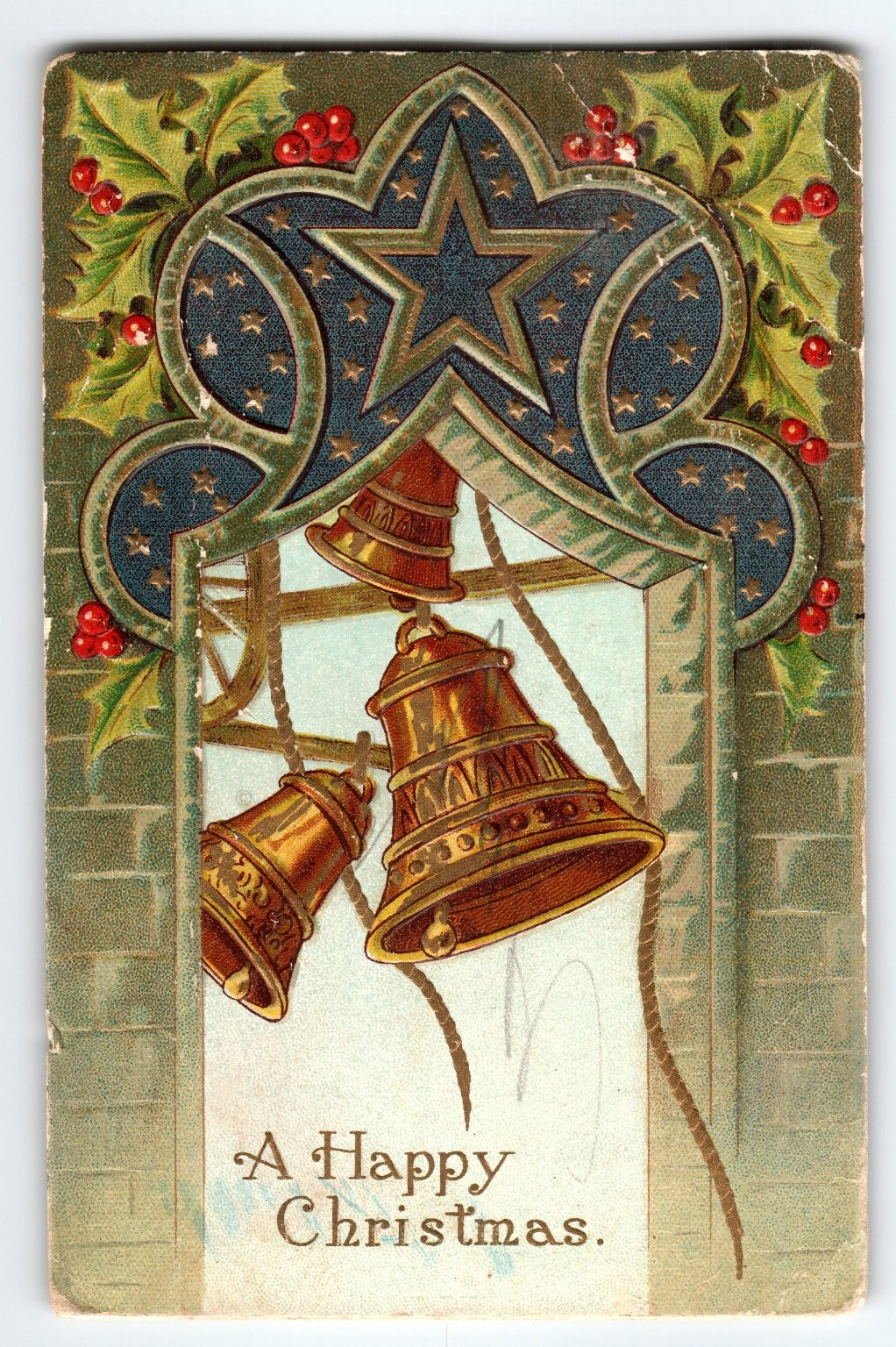 Vintage Embossed Christmas Bells Postcard with Holly Berries 1910
