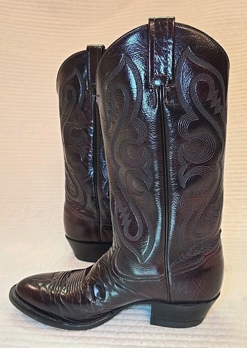 Tony Lama Lonestar Calf Skin Western Burgundy Cowboy Boots Vibram 8 1/2 D - Picture 6 of 14