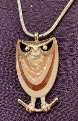 Eisenberg Artist Series 70's Large Enamel Owl Pendant Necklace 20 -Gold-Tone