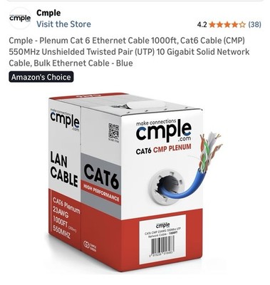 Cmple Cat6 Plenum Rated Ethernet Cable 1000ft Blue UTP 23AWG RJ-45 Bulk