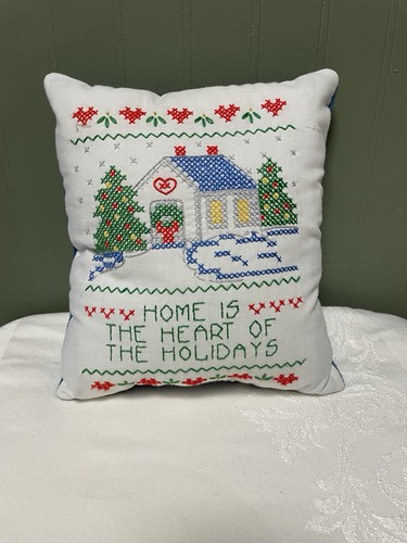 Vintage Handmade Crossstitch Christmas’s Throw Pillow 8 X9 Holiday Decor EUC