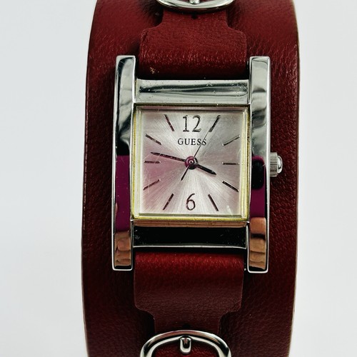 Guess Watch Women 22mm Silver tone Red Leather Cuff Square New Battery