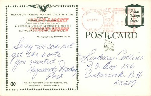 Milford, NH Haywards Handelsposten und Country Store Hillsborough County Postkarte - Bild 2 von 2