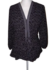 Max Studio Womens Black Polka Dot V-Neck Top Elastic Tie Waist Size Medium