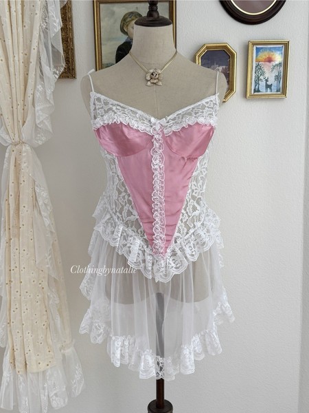 VTG Frilly Lace Pink Satin Nylon Chiffon Lingerie Size M *READ*