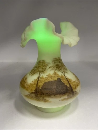Stunning Fenton Custard Glass Hand Painted Uranium Vase Log Cabin