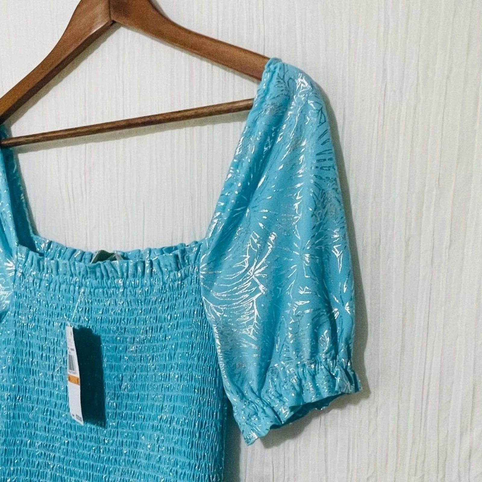 Abito Michael Kors Smocked Contadino Stampa Foil Turchese Nuovo con etichette Small