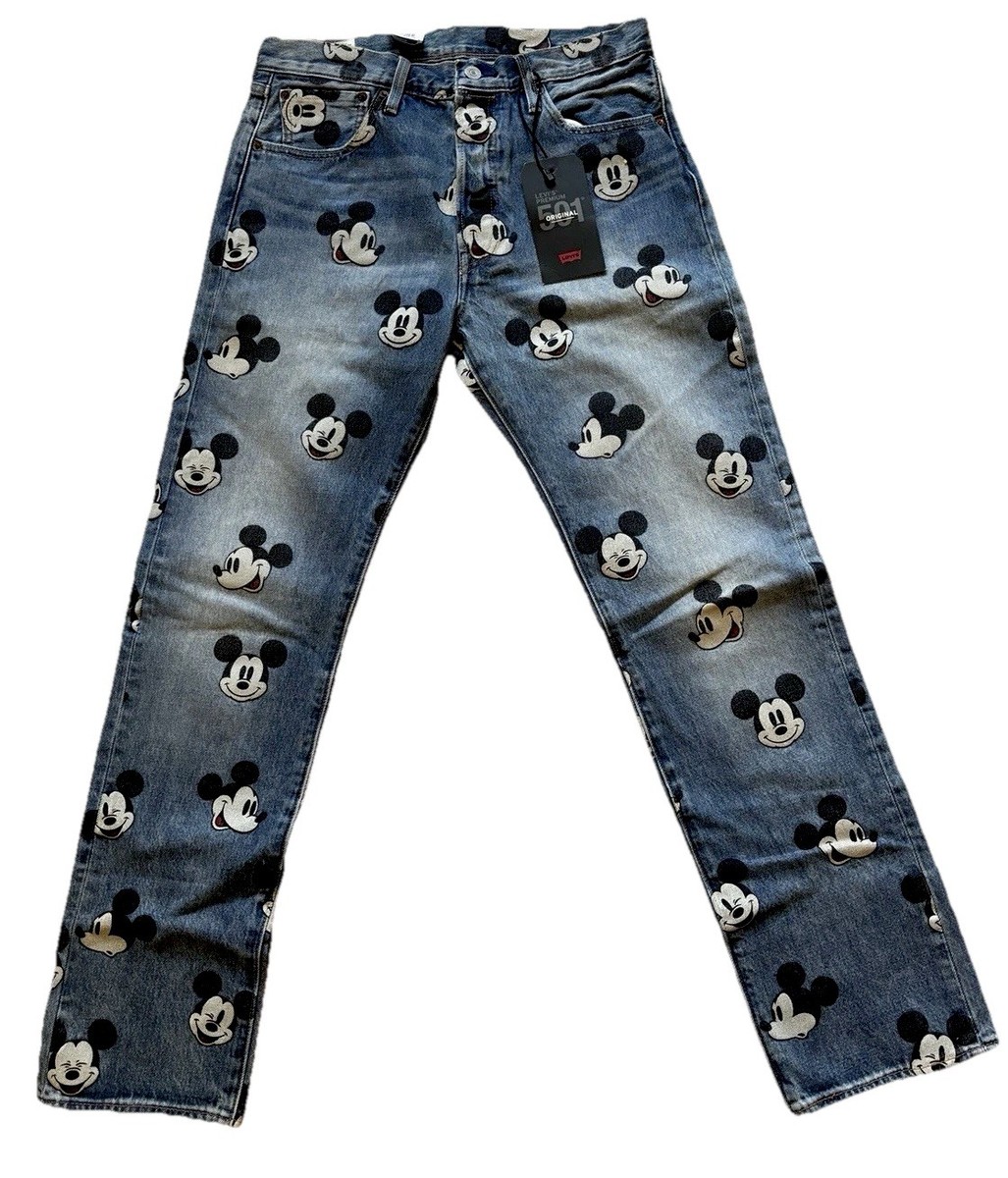 Levi's 501 Series Mickey Mouse Cartoon Print Denim Jeans Blue