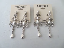 VINTAGE MONET 2 PR CHANDALIER EARRINGS CLIP-ON SILVER