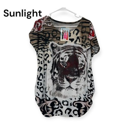 Fashion Unbranded Rhinestone Tiger Print Womens Blouse SZ M Stretch Polyester