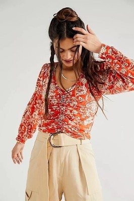 FREE PEOPLE Say The Word Top Sz L Red Floral Combo Peasant Sleeve Cotton Modal