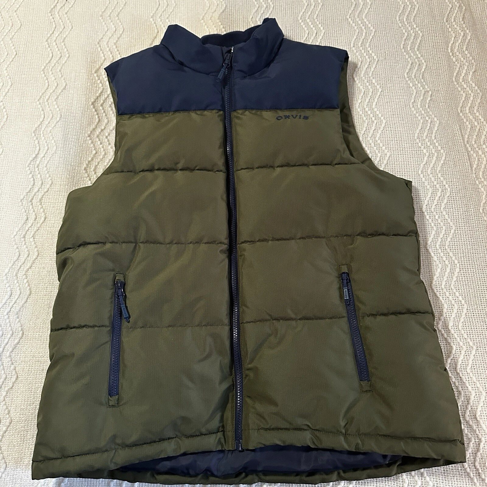 Orvis RipStop Puffer Vest Jacket Utility Navy Green Mens M Sz Medium EUC Zip Up