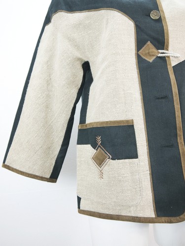 Giacca tradizionale donna lino nero beige con ricamo affascinante taglia 36 - Foto 4 di 7
