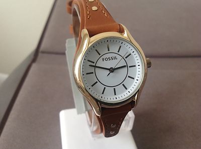 Fossil Ladies Gold Tone Stainless Steel Dark Brown Leather Band  Watch BQ3067