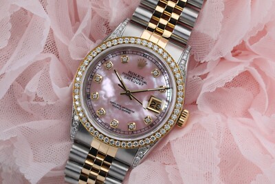 36 mm Rolex Datejust Pink Mother of Pearl Diamond Dial Two Tone Watch