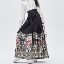 Lady Horse Face Long Skirt Printed Tie Up Pleated High Waist Chinese Style Retro