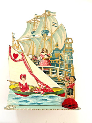 Sweet Vintage Die Cut Pull Down Three Layer Valentine w/ Girl & Two Kittens *