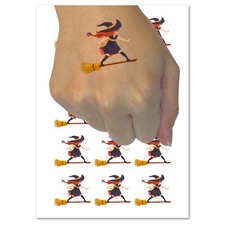 Young Witch Surfing on Broomstick Halloween Temporary Tattoo Water Resistant Set
