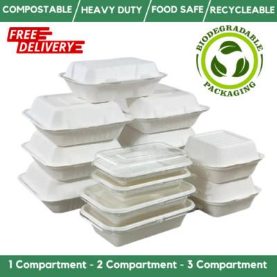 Weiße Bagasse Lebensmittelbehälter biologisch abbaubare Mitnahmebehälter 100 % kompostierbar