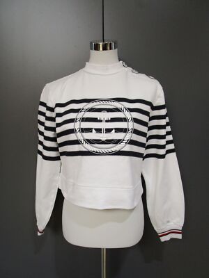 Tommy Icons Sweatpullover Kurz Blau Weiß gestreift Schulterknöpfe GrS (K94-12)