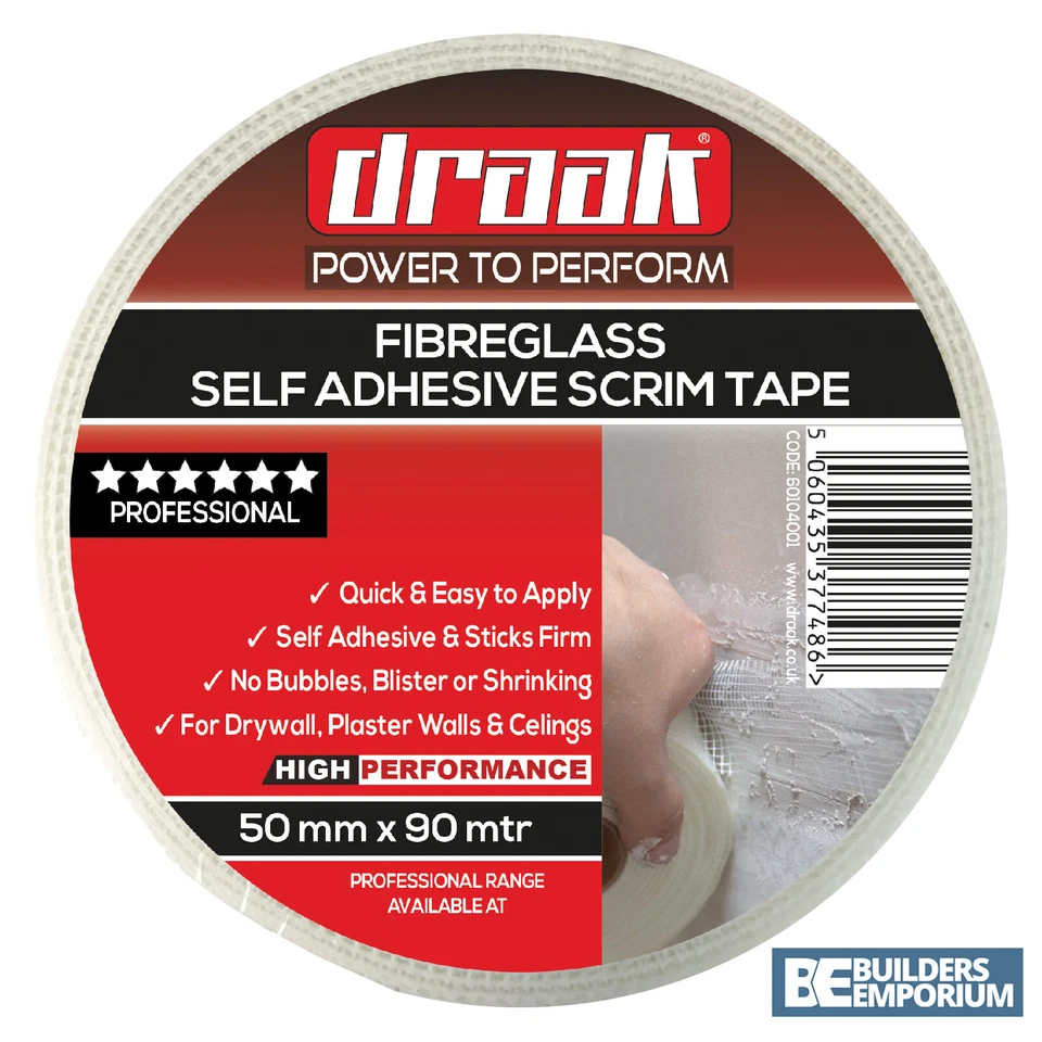 DRAAK Scrim Tape 90 Mtr Plasterboard Mesh Joint Fibre Glass Self Adhesive 50mm, 100mm