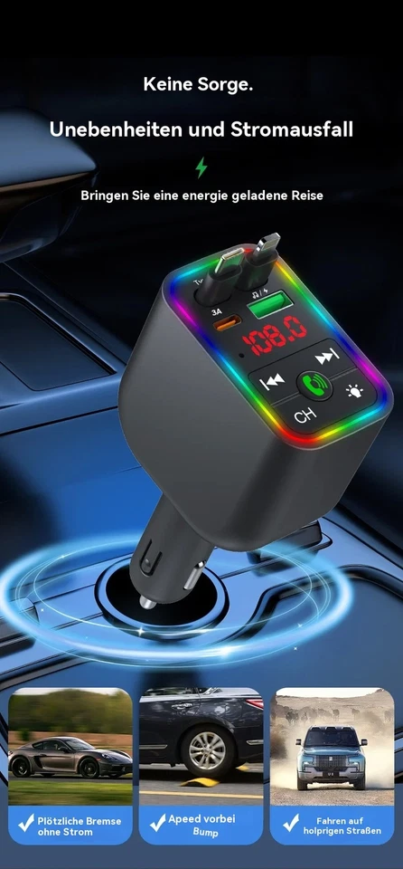 Auto FM Transmitter KFZ Bluetooth USB/TYPE-C Auto Ladegerät Handy Radio Adapter - Bild 3 von 4