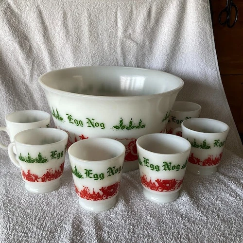 Vintage Hazel Atlas Egg Nog Glass Holiday Punch Bowl Set with 6 Mugs
