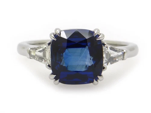 GRS Certified 18k White Gold 3.38ct Madagascar Cushion Sapphire Diamond Ring 6.5