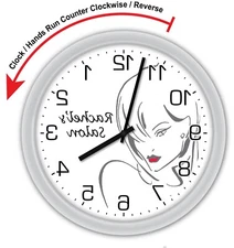 REVERSE MIRROR Salon PERSONALIZED Wall Clock Beauty Spa Haircut Backwards GIFT
