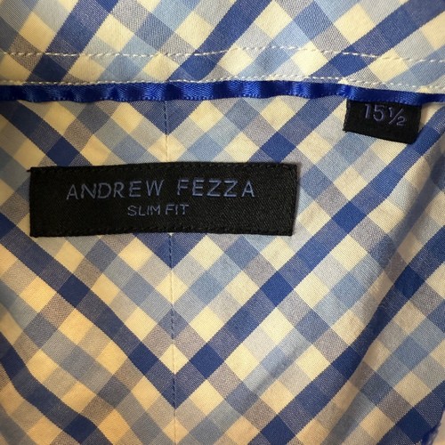 Andrew Fezza Button Down Shirt Mens 15 1/2Slim Fit Blue Plaid Cotton Casual - Picture 8 of 15