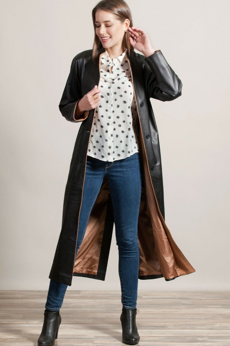 Leather Jacket Coat Long Women Black Womens S Size Trench