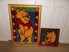 2 Winnie The Pooh COMPLETED and FRAMED Latch Hook Wall Hangings 32" x 22"