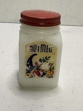 Vtg Milk Glass Nutmeg Spice Jar with Red Metal Lid 3"x 2" Made in USA