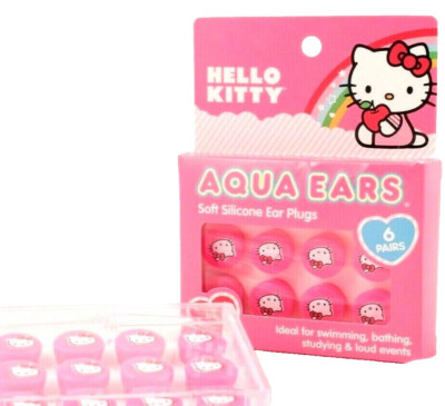 Kids Swim Ear Plugs Hello Kitty Aqua Ears 6 Pair w Case Reusable Soft Silicone