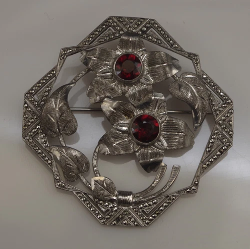 ART DECO ESTATE JEWELRY MARCASITE STERLING SILVER RUBY GLASS BROOCH PIN 2" MARK